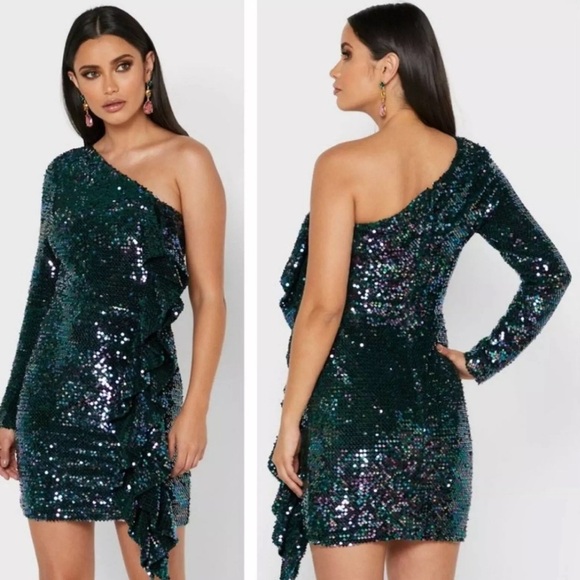 Lavish Alice mermaid Sequin One Shoulder Ruffle front Cocktail Dress Sz 2, Trend - Picture 12 of 12